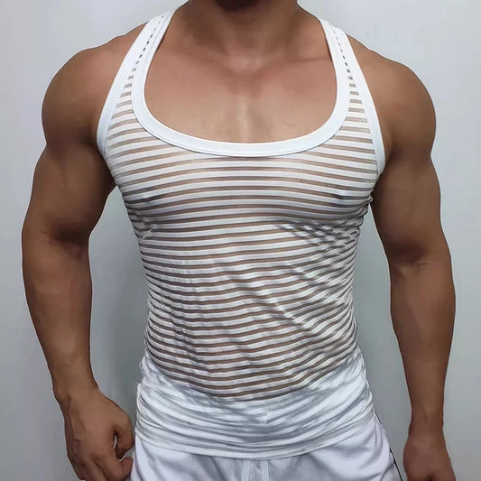 a sexy man in White Flash Mesh Tank - pridevoyageshop.com - gay men's fashion, clubwear, party outfit
