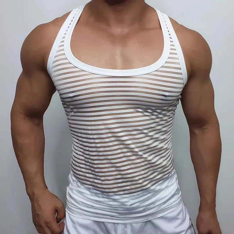 a sexy man in White Flash Mesh Tank - pridevoyageshop.com - gay men's fashion, clubwear, party outfit
