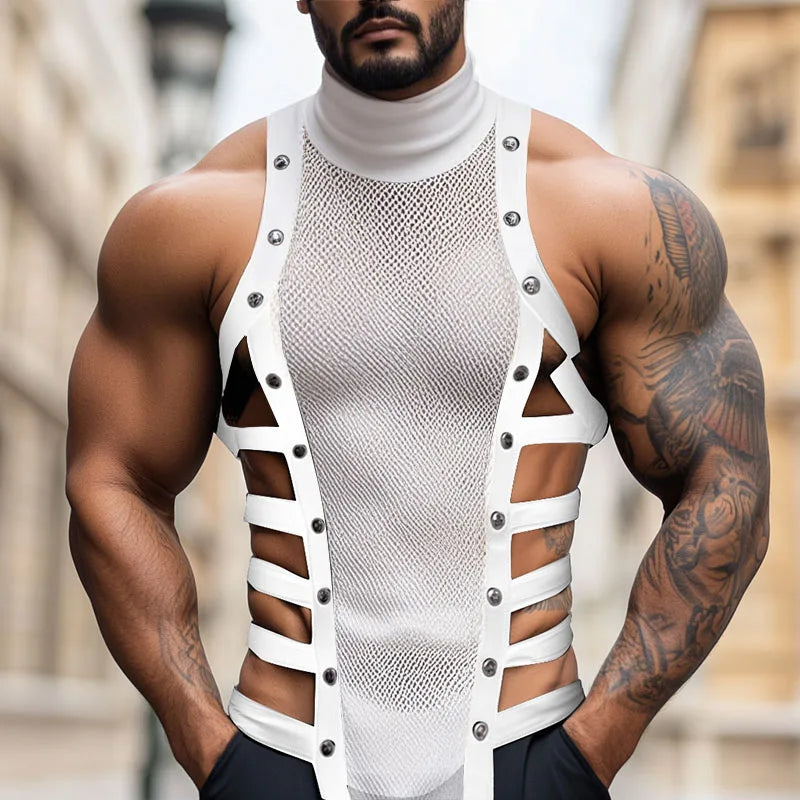 a sexy man in White Folsom Fantasy Studded Mesh Harness Top - pridevoyageshop.com - gay men's harness, fetish gear, rave outfit
