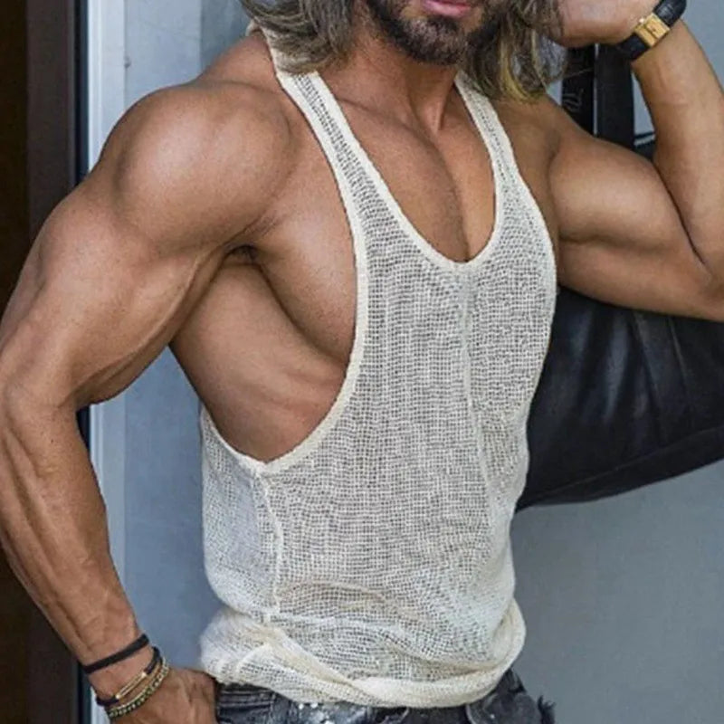 a sexy man in White Marina Gossip Mesh Top - pridevoyageshop.com - gay men's fashion, clubwear, party outfit
