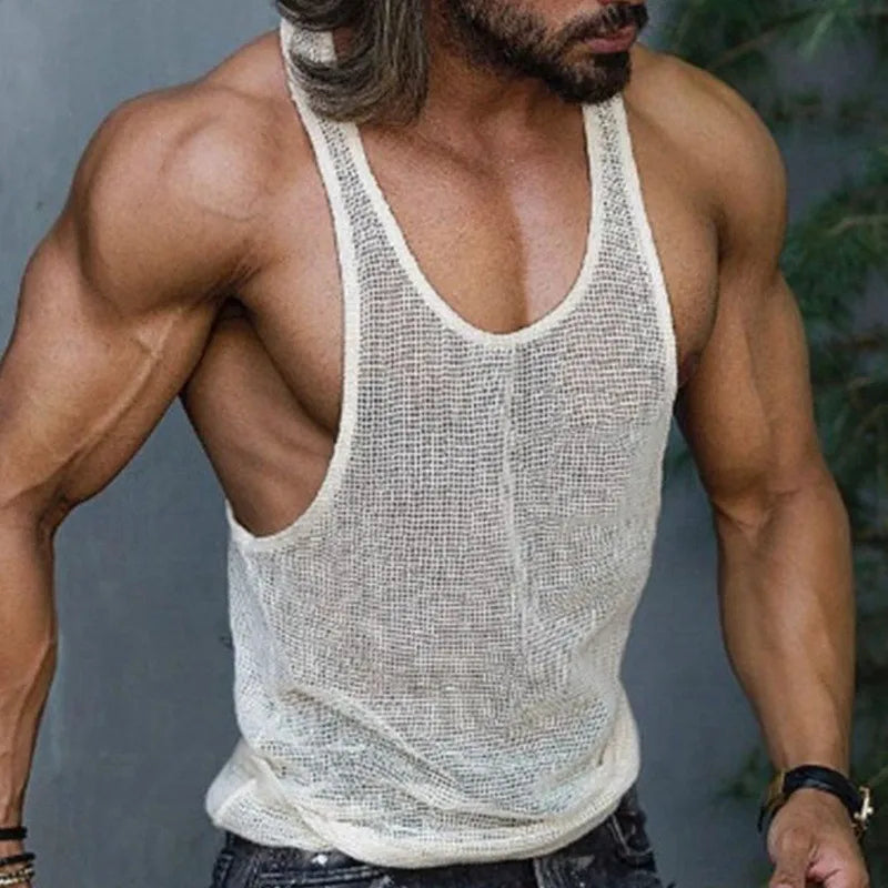 a sexy man in White Marina Gossip Mesh Top - pridevoyageshop.com - gay men's fashion, clubwear, party outfit
