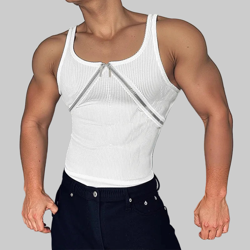 a sexy man in White Market Days Zip Detail Ribbed Tank - pridevoyageshop.com - gay men's fashion, clubwear, party outfit

