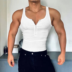 a sexy man in White Men’s Gym Glow Ribbed Zip Tank - pridevoyageshop.com - gay men's fashion, clubwear, party outfit
