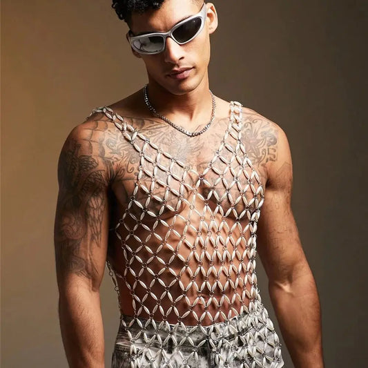 a sexy man in White Oyster Boy Fantasy Rhinestone Mesh Vest - pridevoyageshop.com - gay men's harness, fetish gear, rave outfit
