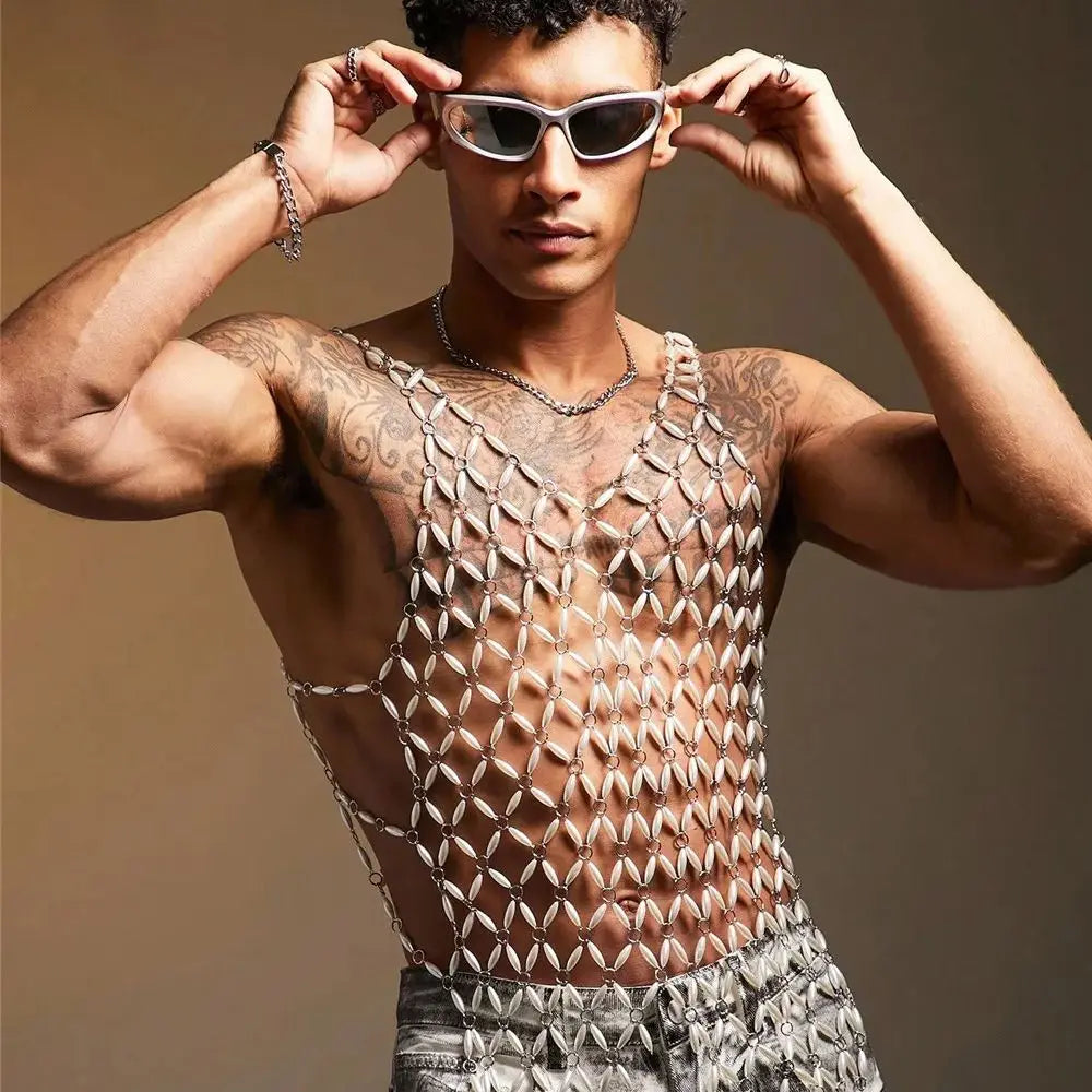 a sexy man in White Oyster Boy Fantasy Rhinestone Mesh Vest - pridevoyageshop.com - gay men's harness, fetish gear, rave outfit
