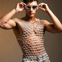 a sexy man in White Oyster Boy Fantasy Rhinestone Mesh Vest - pridevoyageshop.com - gay men's harness, fetish gear, rave outfit
