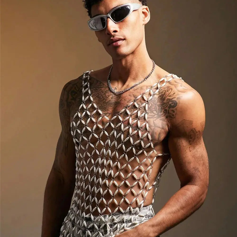 a sexy man in White Oyster Boy Fantasy Rhinestone Mesh Vest - pridevoyageshop.com - gay men's harness, fetish gear, rave outfit
