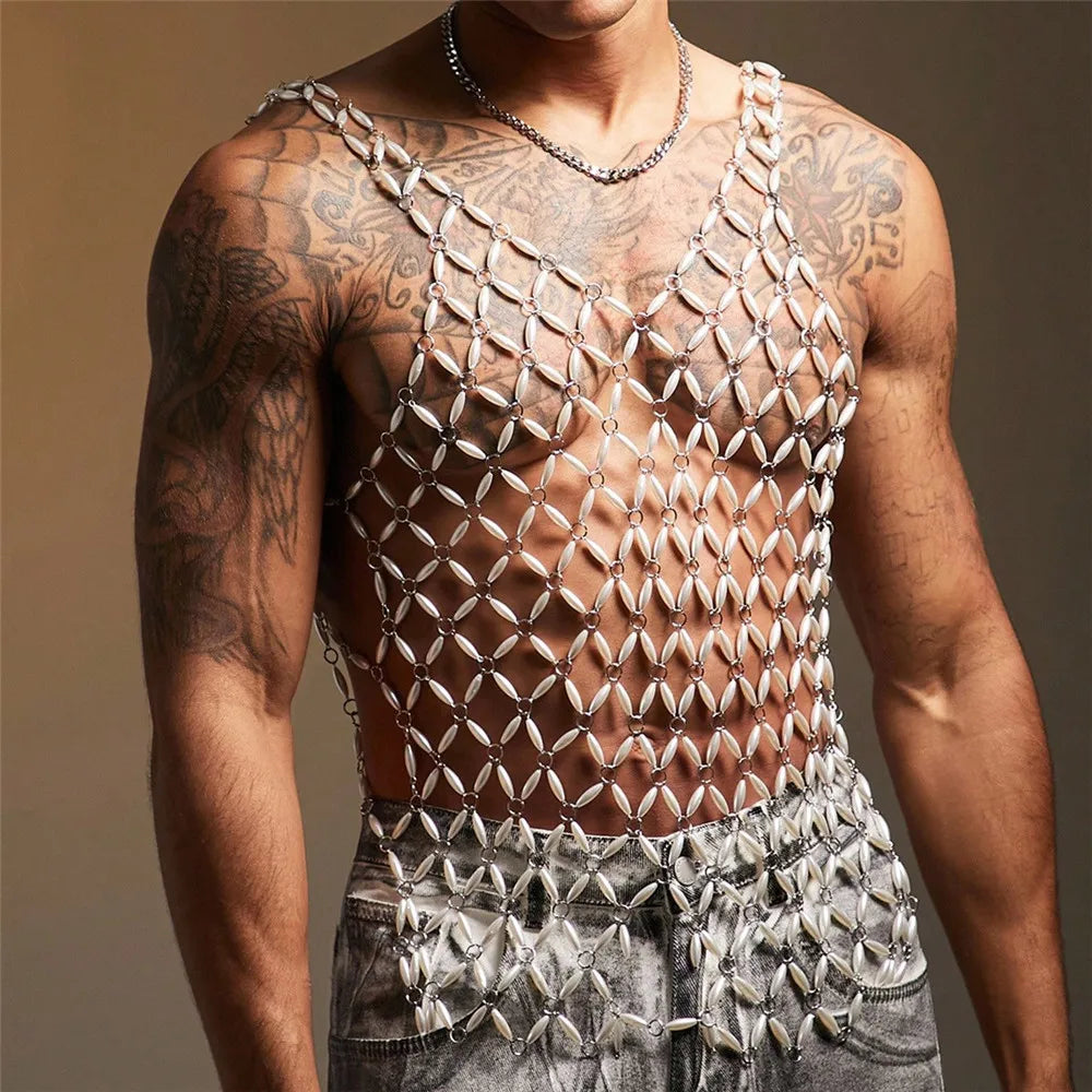 a sexy man in White Oyster Boy Fantasy Rhinestone Mesh Vest - pridevoyageshop.com - gay men's harness, fetish gear, rave outfit
