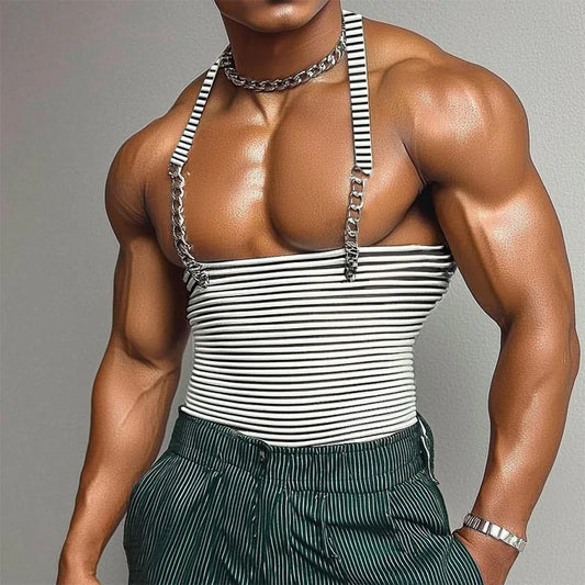 a sexy man in White Pecs Pass Striped Chain-Strap Halter - pridevoyageshop.com - gay men's fashion, clubwear, party outfit
