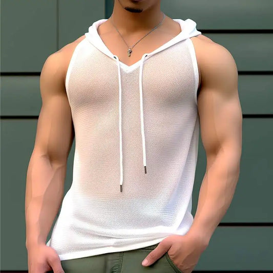 a sexy man in White Pool Boy Hooded Mesh Top - pridevoyageshop.com - gay men's fashion, clubwear, party outfit
