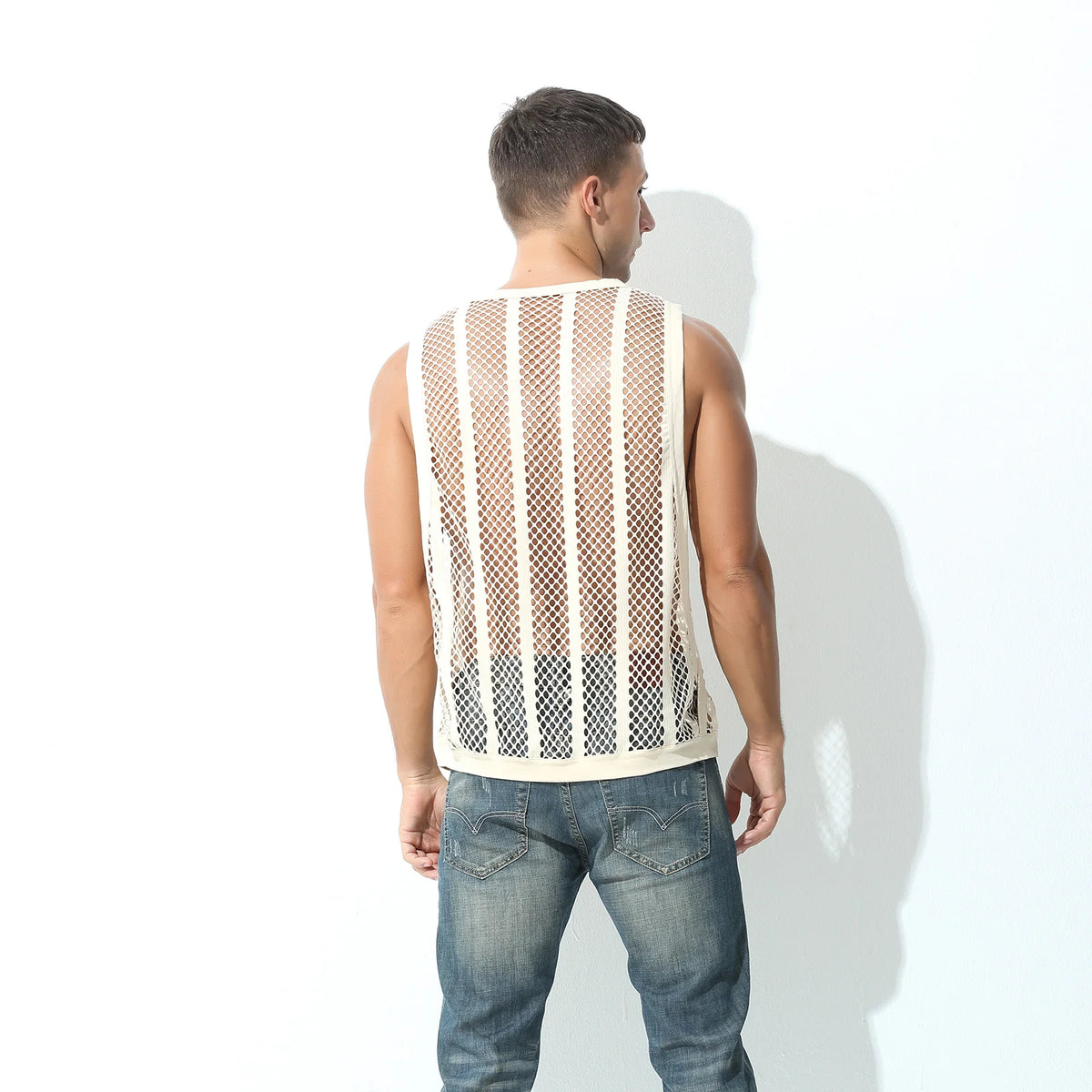 a sexy man in White Pool Queen Net Top - pridevoyageshop.com - gay men's fashion, clubwear, party outfit
