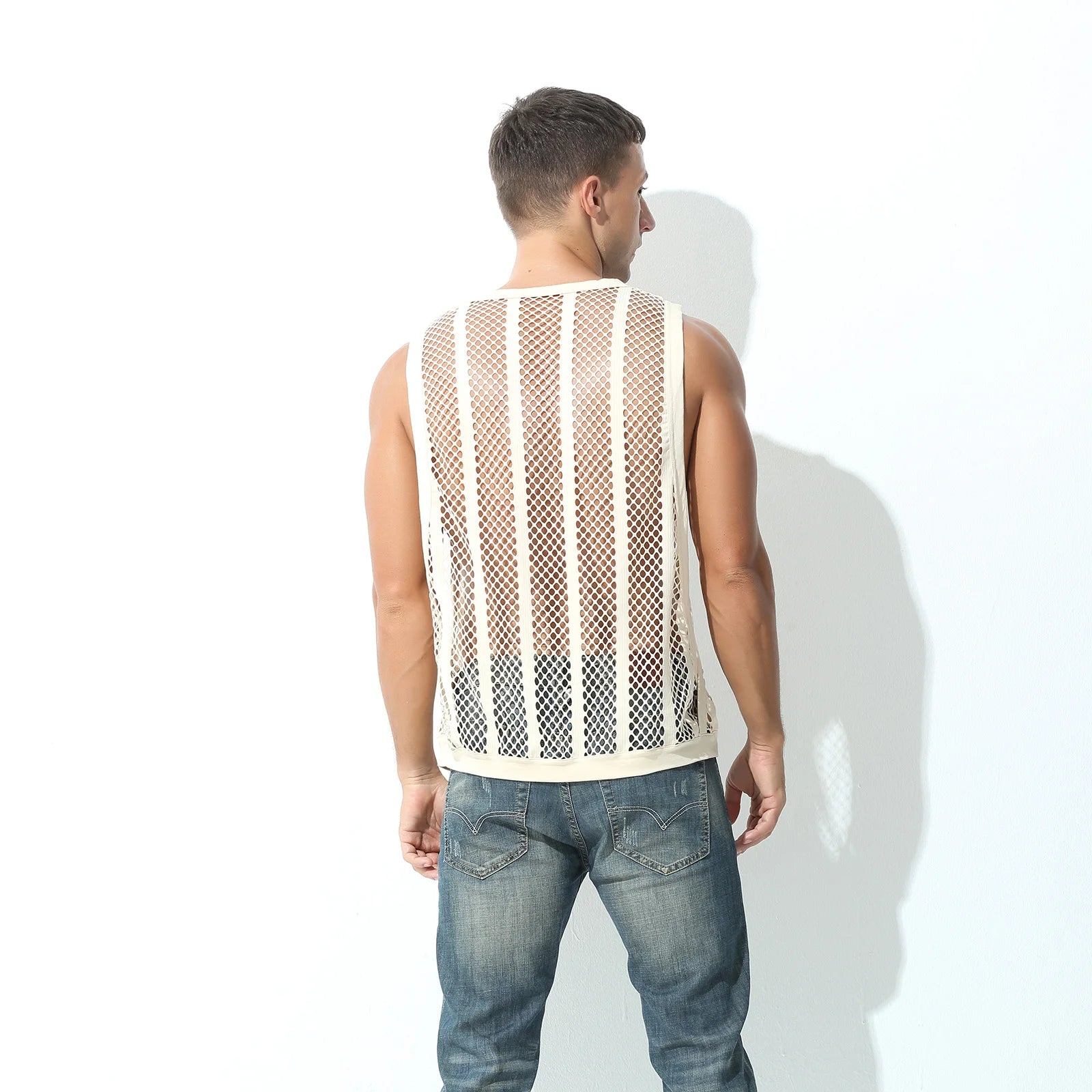 a sexy man in White Pool Queen Net Top - pridevoyageshop.com - gay men's fashion, clubwear, party outfit
