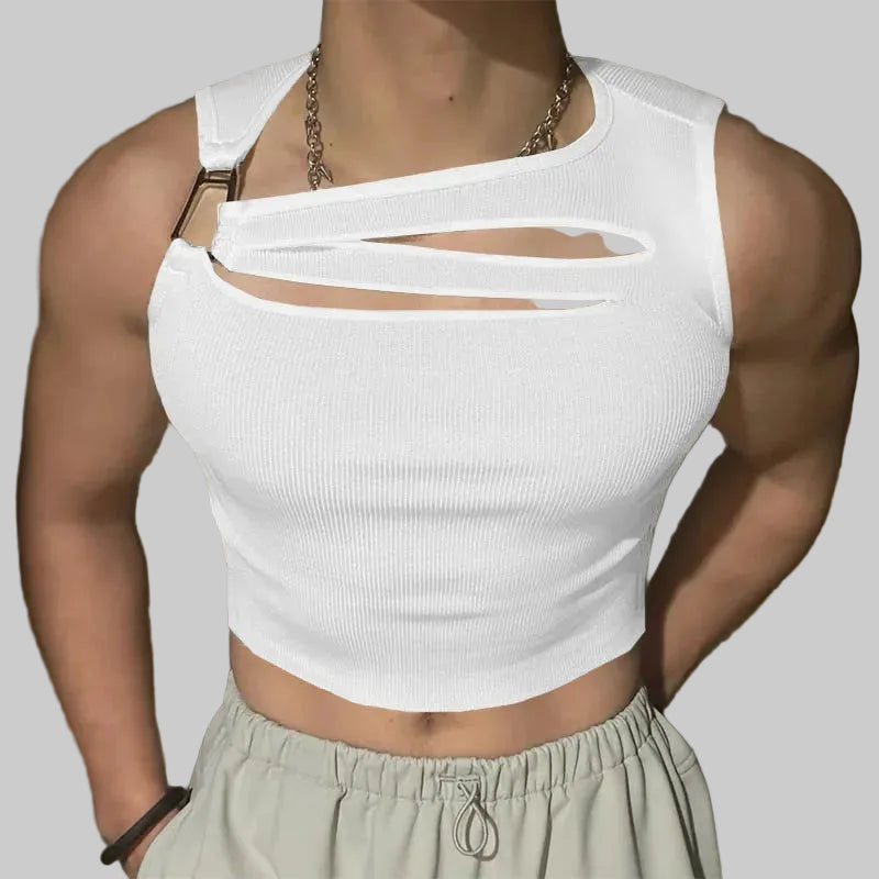 a sexy man in White Runway Brat Ribbed Crop - pridevoyageshop.com - gay men's fashion, clubwear, party outfit
