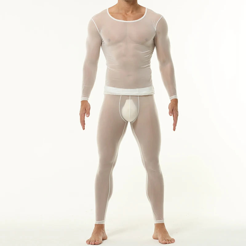 a sexy man in White Runway Nude-Illusion Mesh Set - pridevoyageshop.com - gay men's fashion, clubwear, party outfit
