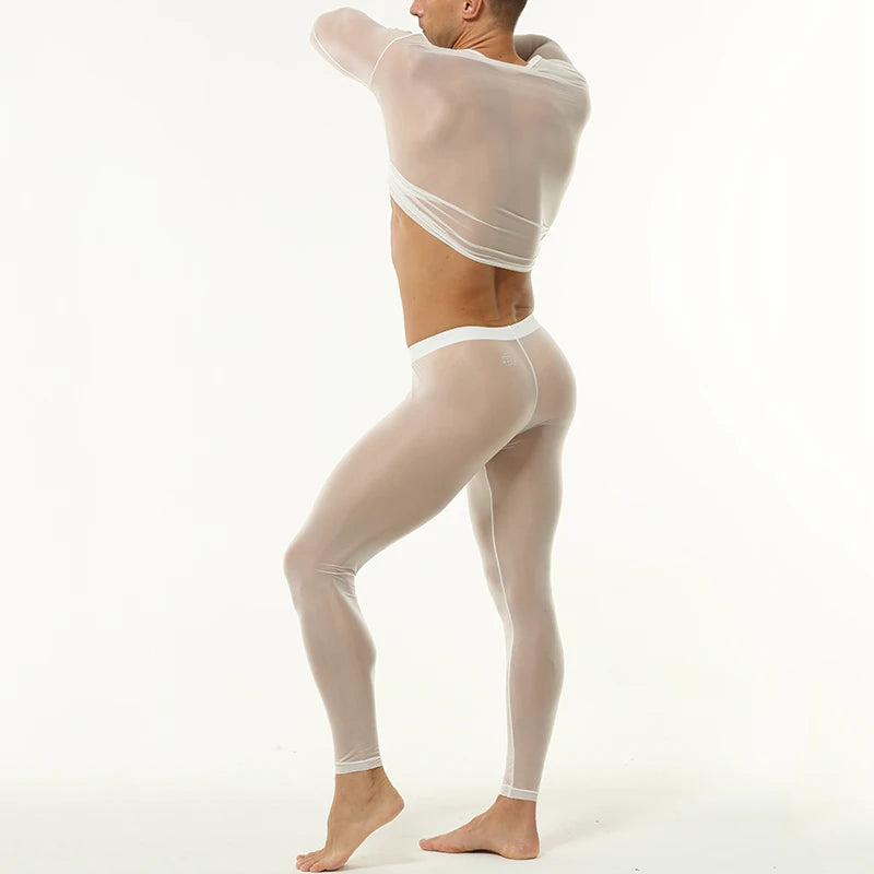 a sexy man in White Runway Nude-Illusion Mesh Set - pridevoyageshop.com - gay men's fashion, clubwear, party outfit
