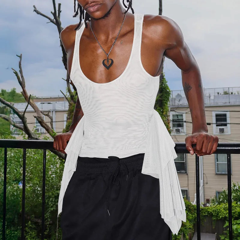 a sexy man in White Runway Wing Sheer Tank - pridevoyageshop.com - gay men's fashion, clubwear, party outfit
