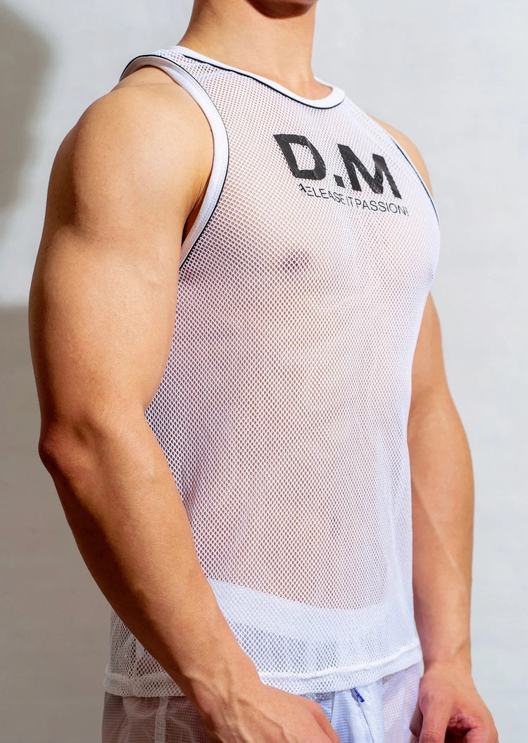 a sexy man in White The DM Is Open Mesh Tank - pridevoyageshop.com - gay men's fashion, clubwear, party outfit
