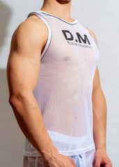 a sexy man in White The DM Is Open Mesh Tank - pridevoyageshop.com - gay men's fashion, clubwear, party outfit
