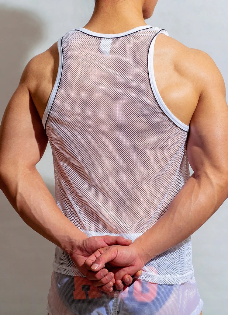 a sexy man in White The DM Is Open Mesh Tank - pridevoyageshop.com - gay men's fashion, clubwear, party outfit
