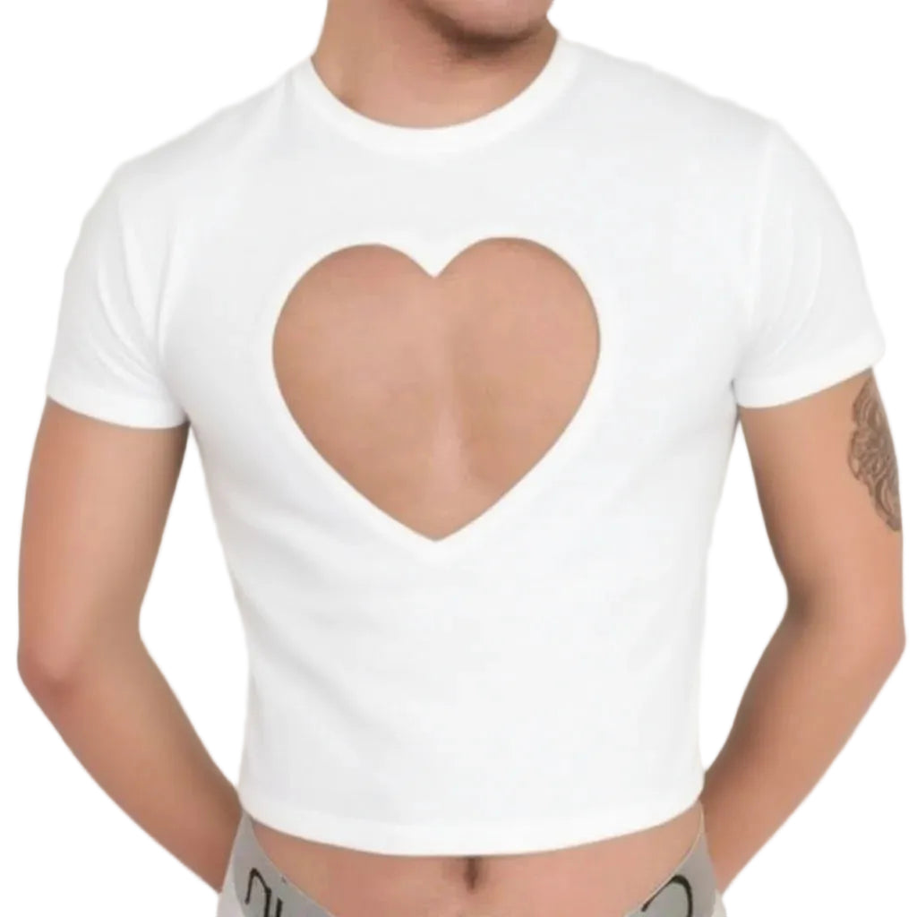 a sexy man in White Twink Candy Heart Crop Top - pridevoyageshop.com - gay men's fashion, clubwear, party outfit
