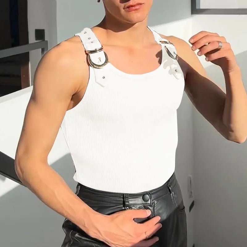 a sexy man in White Warehouse Code Harness Top - pridevoyageshop.com - gay men's harness, fetish gear, rave outfit
