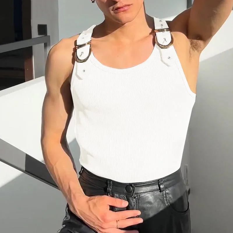 a sexy man in White Warehouse Code Harness Top - pridevoyageshop.com - gay men's harness, fetish gear, rave outfit
