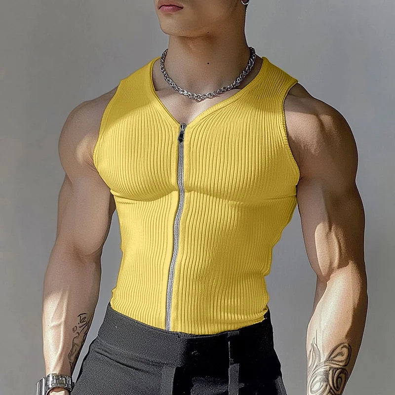 a sexy man in Yellow Door Unlocked Ribbed Zip Tank - pridevoyageshop.com - gay men's fashion, clubwear, party outfit
