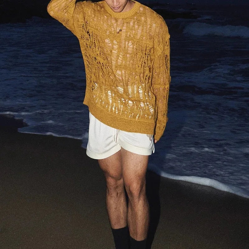 a sexy man in Yellow Fire Island Breeze Shred Sweater - pridevoyageshop.com - gay men's fashion, clubwear, party outfit
