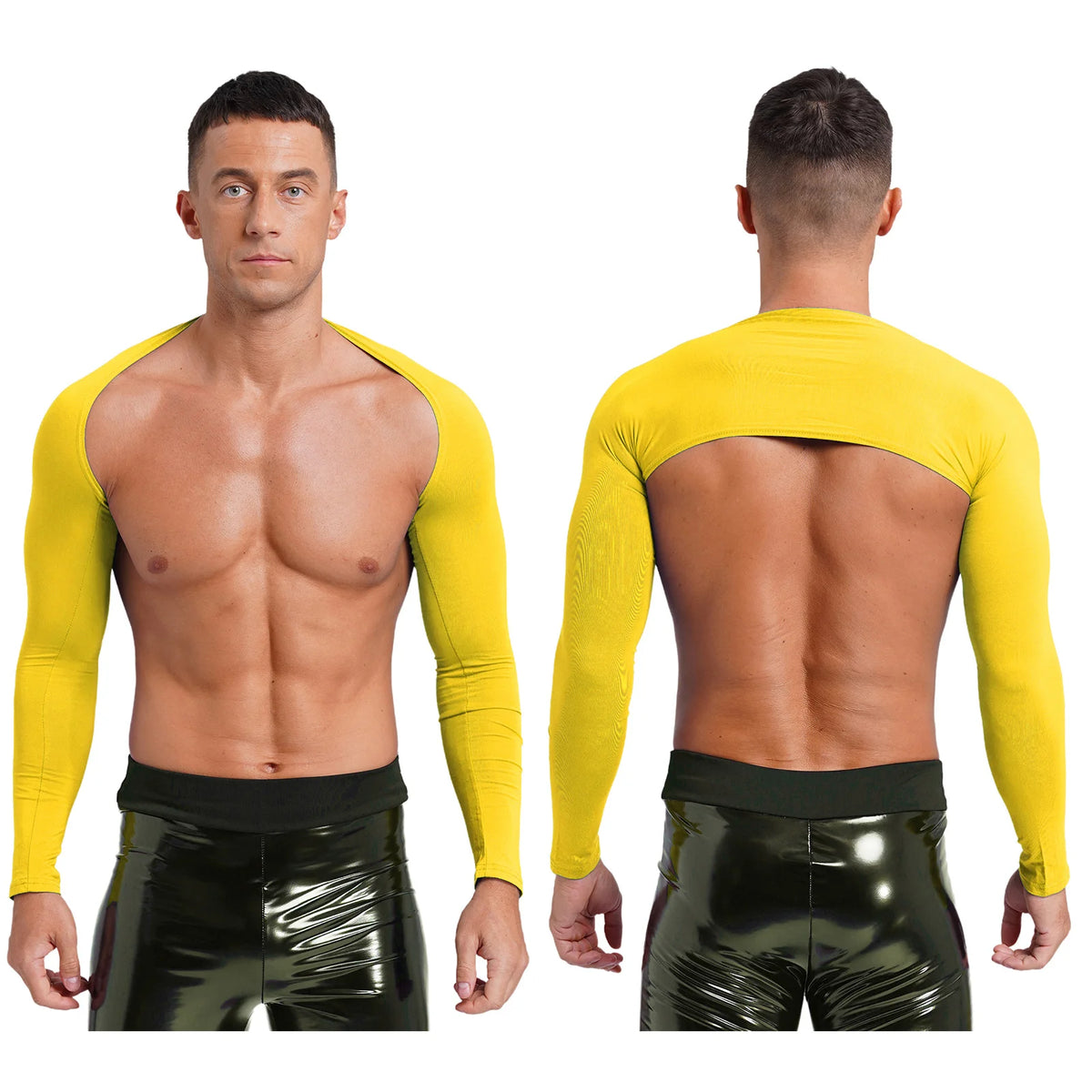 a sexy man in Yellow Night Bus Hookup Shrug - pridevoyageshop.com - gay men's fashion, clubwear, party outfit
