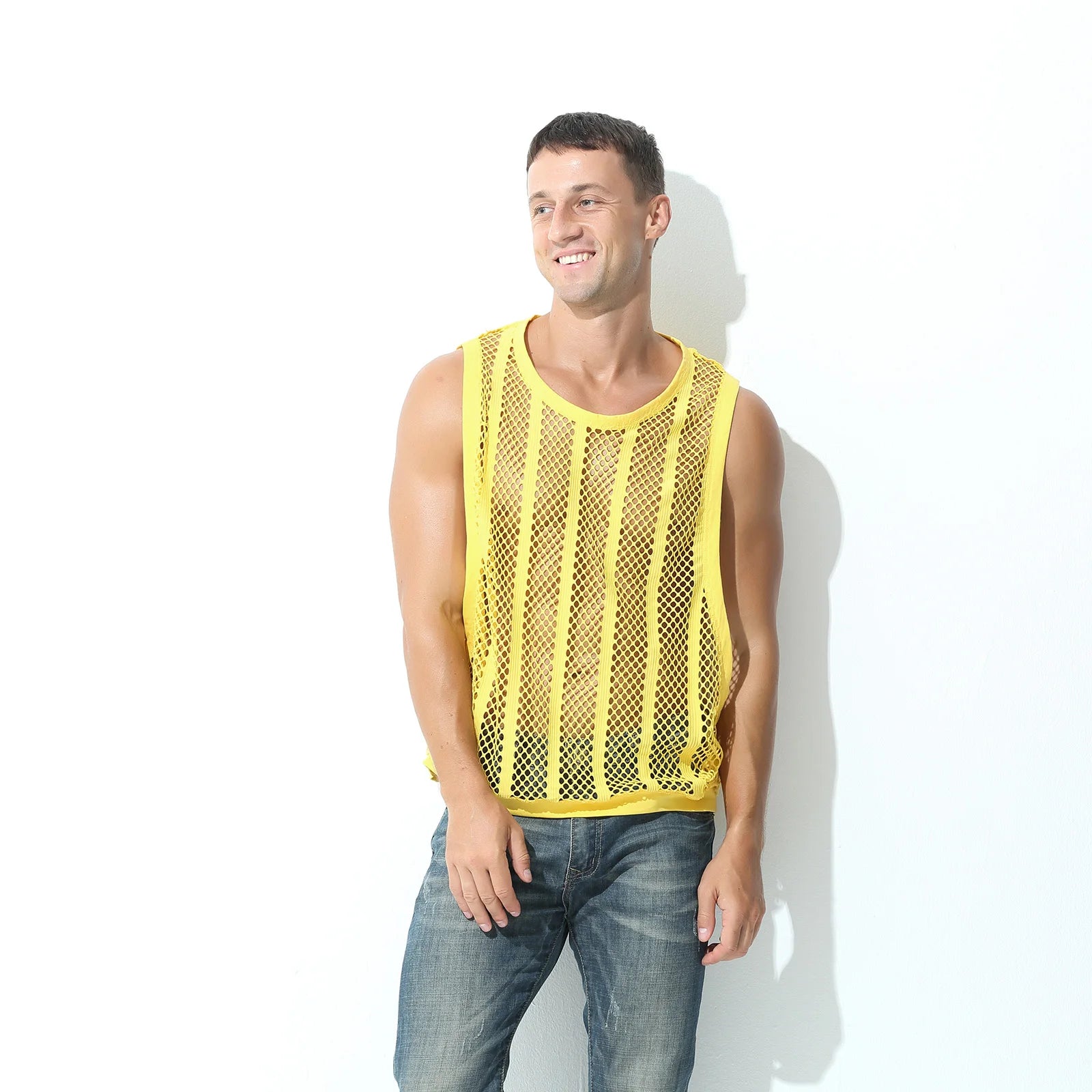 a sexy man in Yellow Pool Queen Net Top - pridevoyageshop.com - gay men's fashion, clubwear, party outfit

