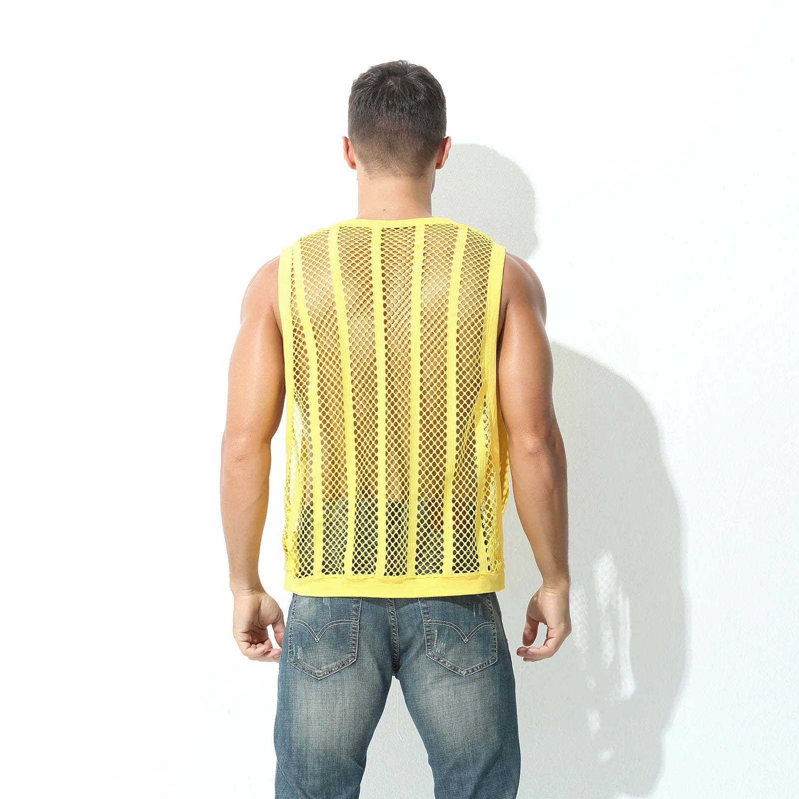a sexy man in Yellow Pool Queen Net Top - pridevoyageshop.com - gay men's fashion, clubwear, party outfit
