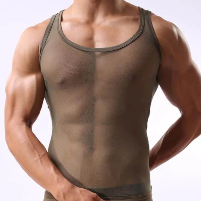 a sexy man in army green Bois Veil Sheer Tank – pridevoyageshopcom – gay mens clubwear mesh tanks crop tops fashion tops partywear activewear