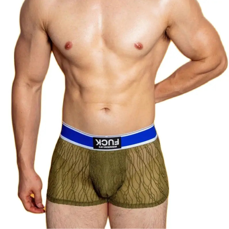 a sexy man in army green DM F.U.C.K. Lace Boxers - pridevoyageshop.com - gay men’s thongs, boxers, briefs and jockstraps