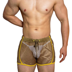 a sexy man in army green DM Men’s Trade Bait See-Thru Mesh Shorts – pridevoyageshop.com – gay men’s sexy swim briefs, trunks, board shorts, and bikinis