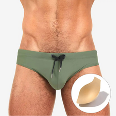 a sexy man in army green Men’s Beach Brat Swim Briefs with pad - pridevoyageshop.com - gay men’s sexy swim briefs, trunks, board shorts, and bikinis