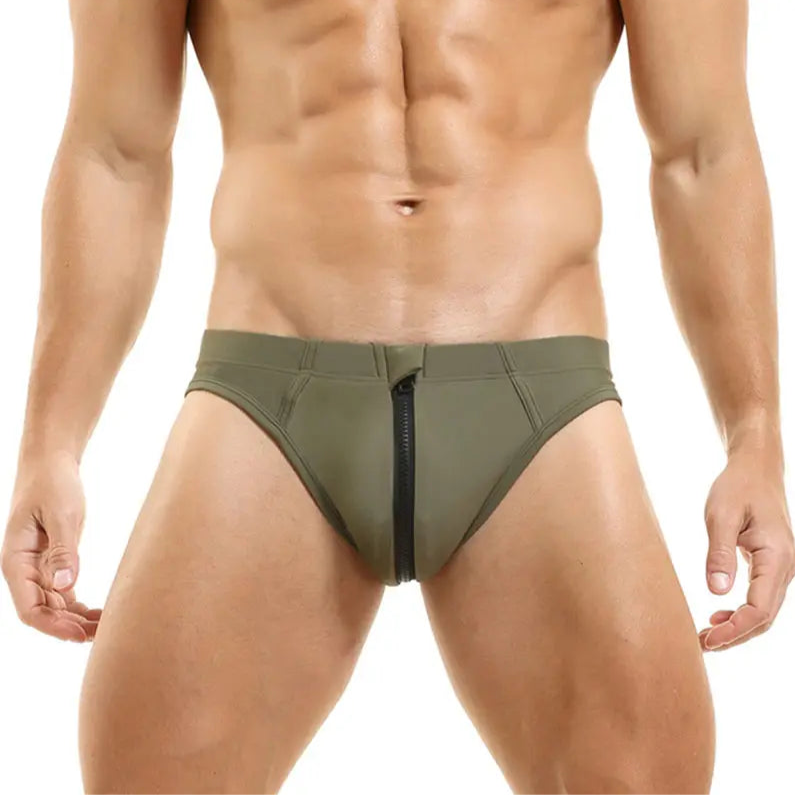 a sexy man in army green Men’s Zip Me Up, Boy Swim Briefs - pridevoyageshop.com - gay men’s sexy swim briefs, trunks, board shorts, and bikinis