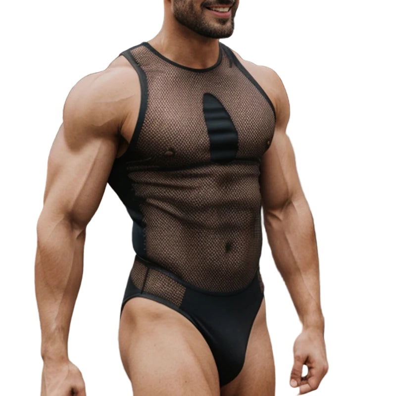 a sexy man in black Anonymous Mesh Thong Body – pridevoyageshopcom – gay mens clubwear mesh tanks crop tops fashion tops partywear activewear