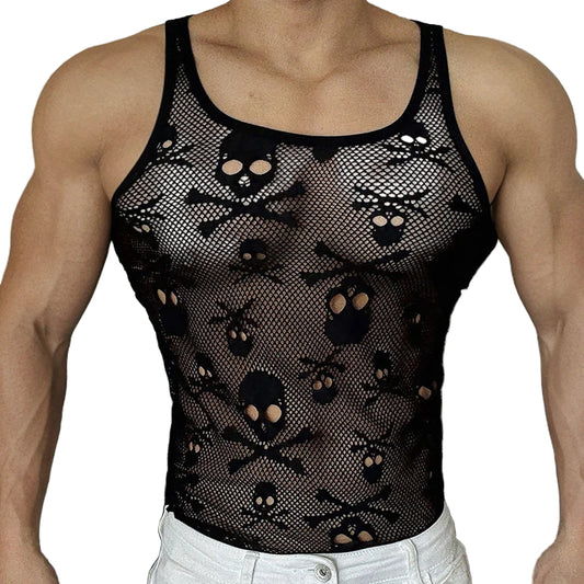 a sexy man in black Bad to the Bone Boys Mesh Tank – pridevoyageshopcom – gay mens clubwear mesh tanks crop tops fashion tops partywear activewear
