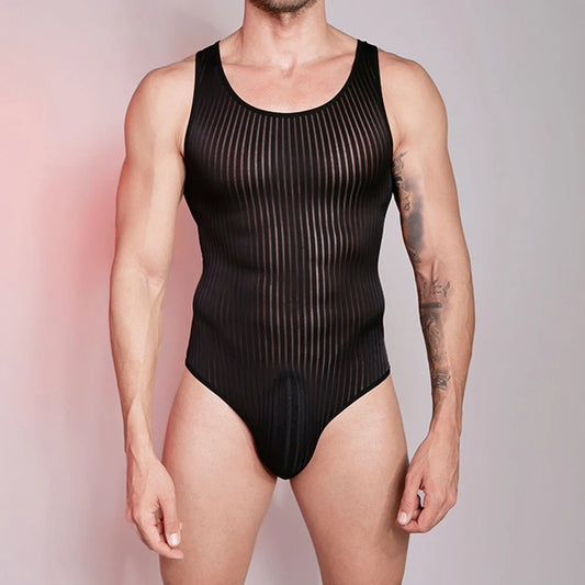 a sexy man in black Bar Code Sheer Tank Bodysuit – pridevoyageshop.com – gay men’s harness, lingerie and fetish wear