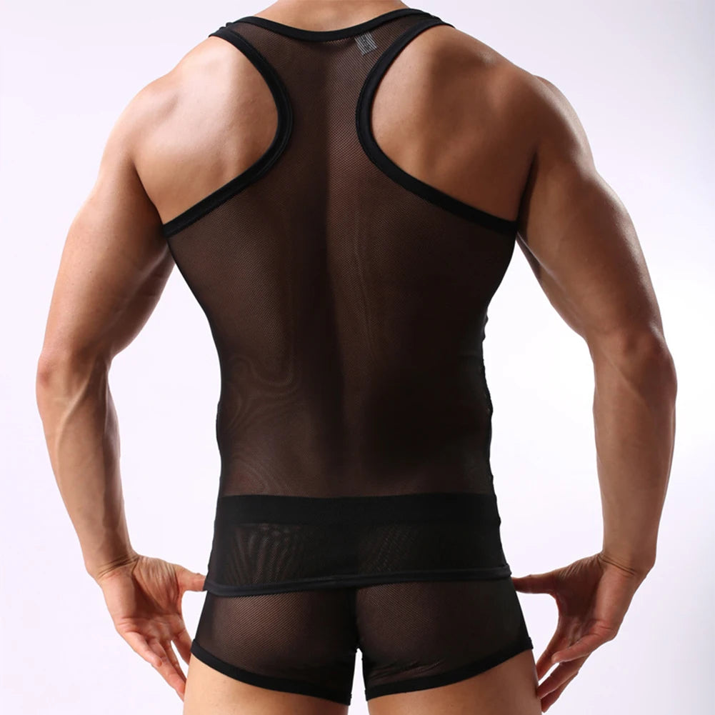 a sexy man in black Bois Veil Sheer Tank – pridevoyageshopcom – gay mens clubwear mesh tanks crop tops fashion tops partywear activewear