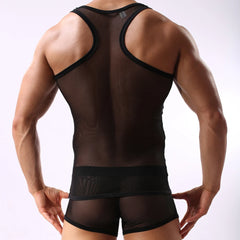a sexy man in black Bois Veil Sheer Tank – pridevoyageshopcom – gay mens clubwear mesh tanks crop tops fashion tops partywear activewear