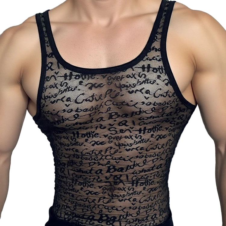a sexy man in black Boys Story Mesh Tank – pridevoyageshopcom – gay mens clubwear mesh tanks crop tops fashion tops partywear activewear