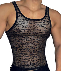 a sexy man in black Boys Story Mesh Tank – pridevoyageshopcom – gay mens clubwear mesh tanks crop tops fashion tops partywear activewear