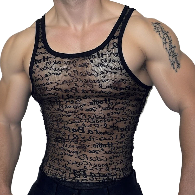 a sexy man in black Boys Story Mesh Tank – pridevoyageshopcom – gay mens clubwear mesh tanks crop tops fashion tops partywear activewear