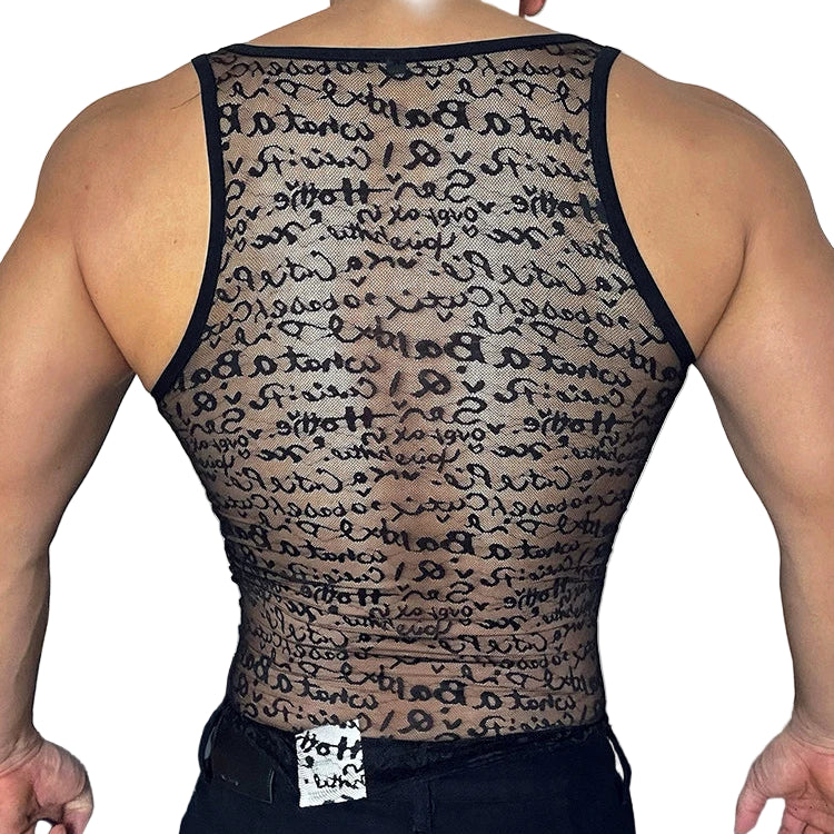 a sexy man in black Boys Story Mesh Tank – pridevoyageshopcom – gay mens clubwear mesh tanks crop tops fashion tops partywear activewear