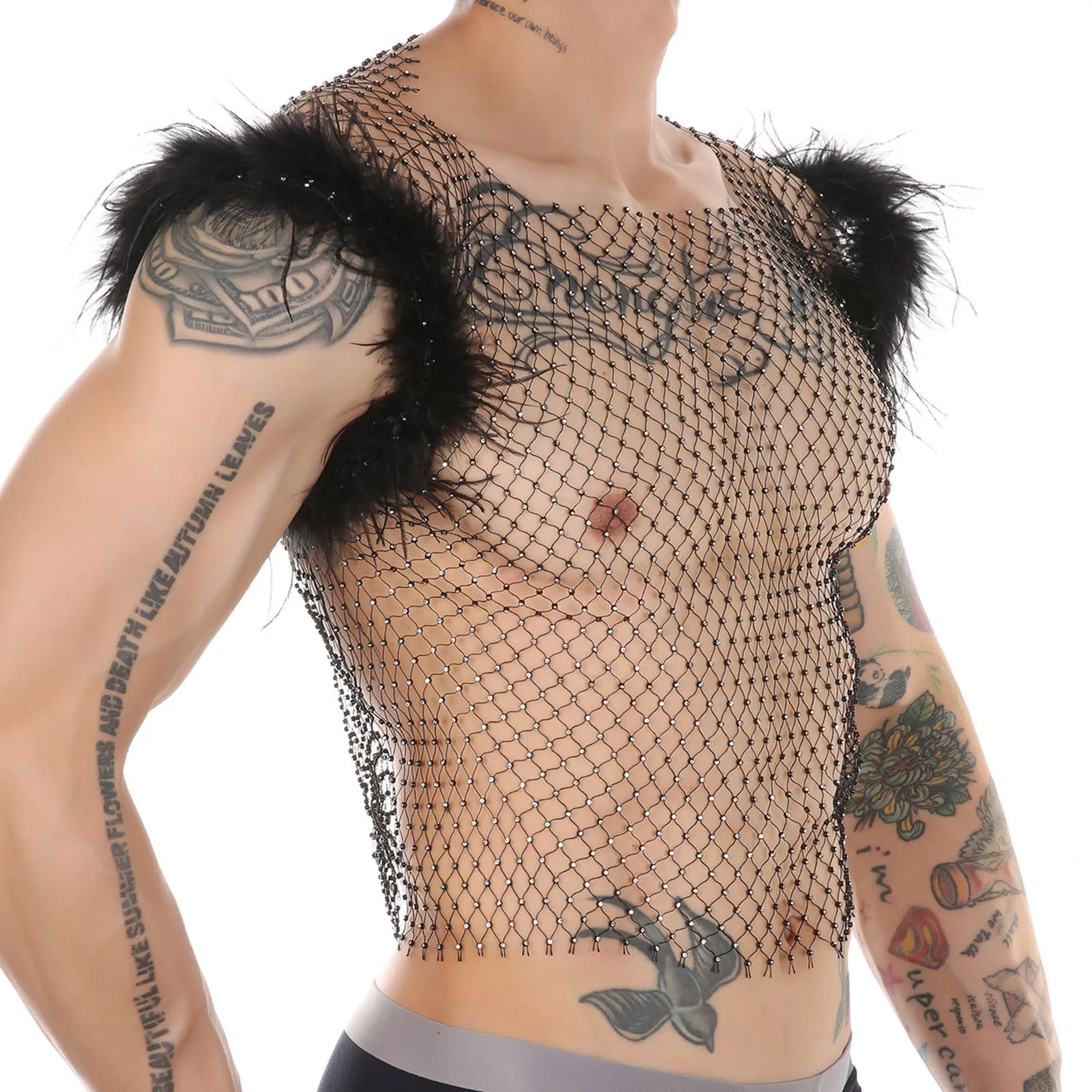 a sexy man in black Cherub Wing Feather Mesh Tank - pridevoyageshop.com - gay men’s harness, lingerie and fetish wear
