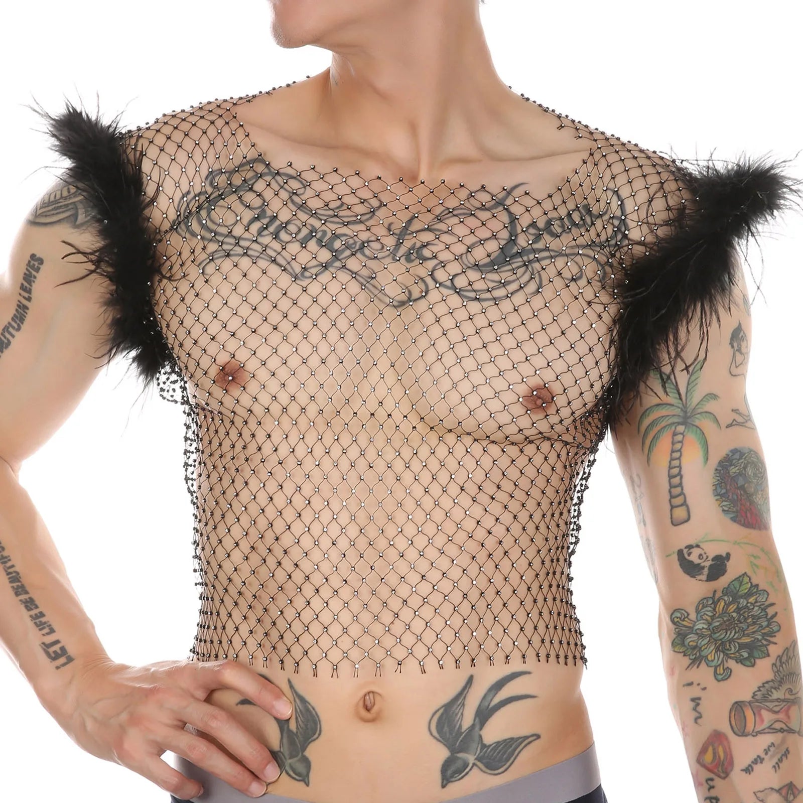 a sexy man in black Cherub Wing Feather Mesh Tank - pridevoyageshop.com - gay men’s harness, lingerie and fetish wear