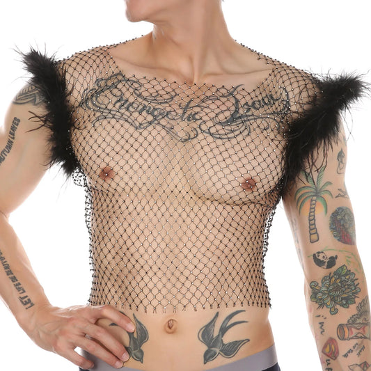 a sexy man in black Cherub Wing Feather Mesh Tank - pridevoyageshop.com - gay men’s harness, lingerie and fetish wear