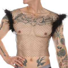 a sexy man in black Cherub Wing Feather Mesh Tank - pridevoyageshop.com - gay men’s harness, lingerie and fetish wear