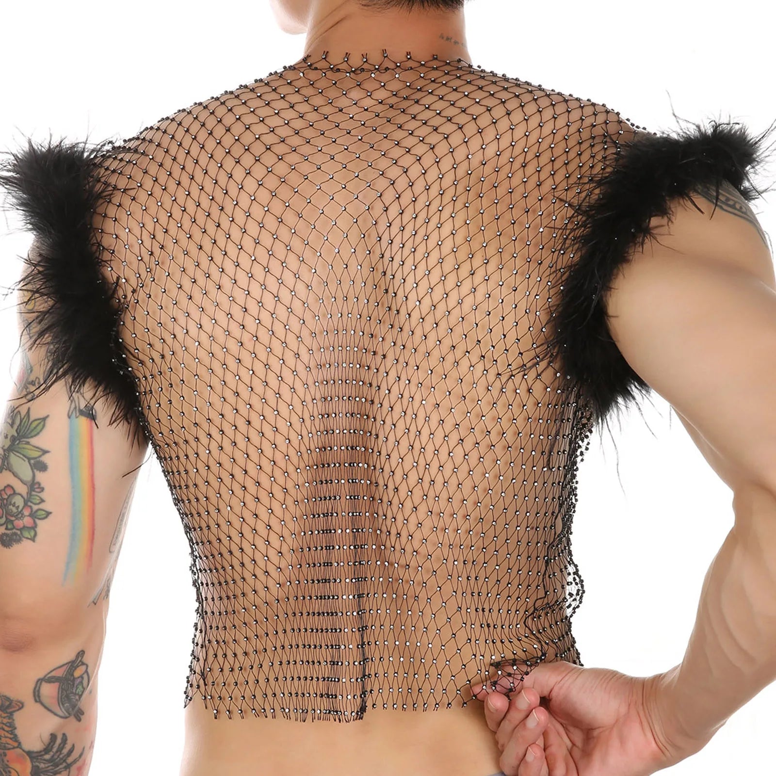 a sexy man in black Cherub Wing Feather Mesh Tank - pridevoyageshop.com - gay men’s harness, lingerie and fetish wear